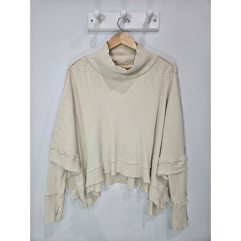 We The Free Free People Cream Ribbed Mock Neck Tiered Thermal Top Medium